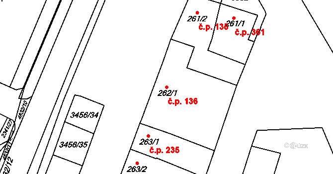 Hrušovany nad Jevišovkou 136 na parcele st. 262/1 v KÚ Hrušovany nad Jevišovkou, Katastrální mapa