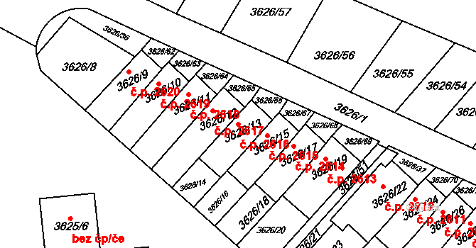 Znojmo 2616 na parcele st. 3626/13 v KÚ Znojmo-město, Katastrální mapa
