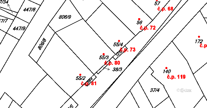 Dražůvky 80 na parcele st. 55/3 v KÚ Dražůvky, Katastrální mapa