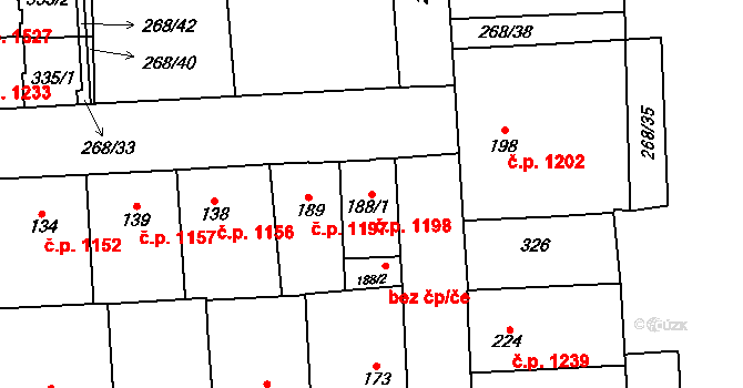 Švermov 1198, Kladno na parcele st. 188/1 v KÚ Hnidousy, Katastrální mapa