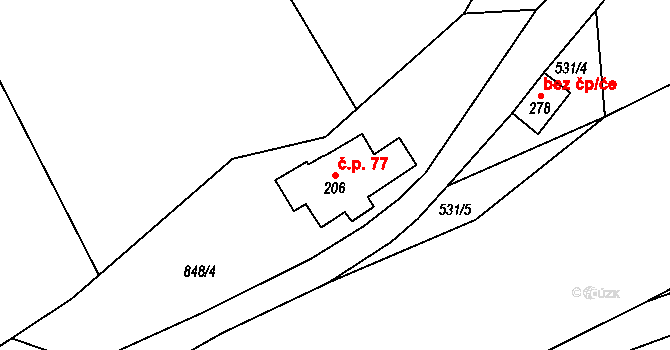 Bukovina 77, Mírová pod Kozákovem na parcele st. 206 v KÚ Bělá u Turnova, Katastrální mapa