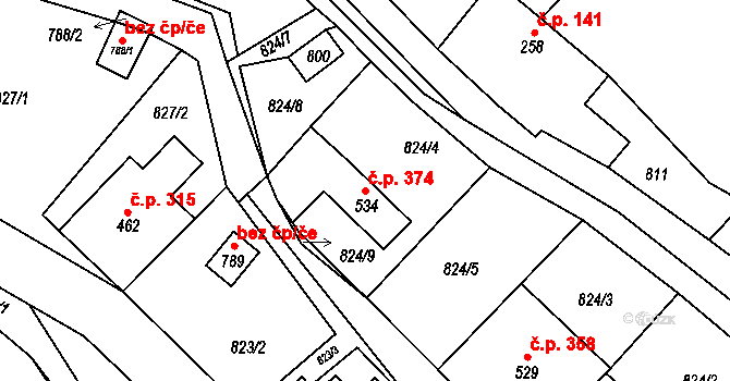 Jedlová 374 na parcele st. 534 v KÚ Jedlová u Poličky, Katastrální mapa