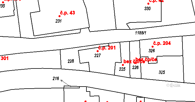 Dlouhá Loučka 201 na parcele st. 227 v KÚ Dolní Dlouhá Loučka, Katastrální mapa