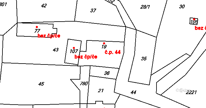 Hokov 44, Hořovičky na parcele st. 19 v KÚ Hokov, Katastrální mapa