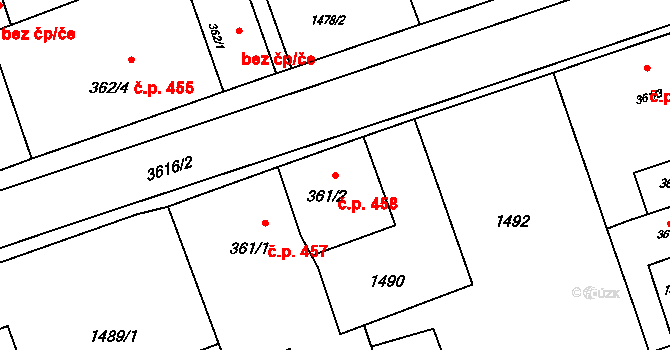 Rožnov pod Radhoštěm 458 na parcele st. 361/2 v KÚ Rožnov pod Radhoštěm, Katastrální mapa