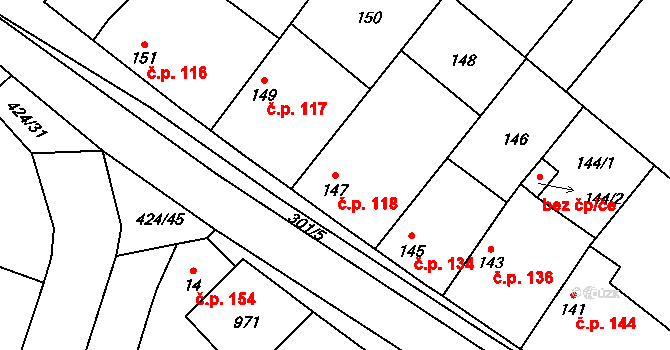 Semice 118 na parcele st. 147 v KÚ Semice nad Labem, Katastrální mapa