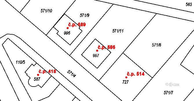 Podklášteří 586, Třebíč na parcele st. 997 v KÚ Podklášteří, Katastrální mapa