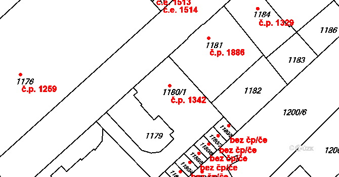 Teplice 1342 na parcele st. 1180/1 v KÚ Teplice, Katastrální mapa
