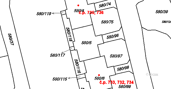 Kamýk 735,736, Praha na parcele st. 580/5 v KÚ Kamýk, Katastrální mapa