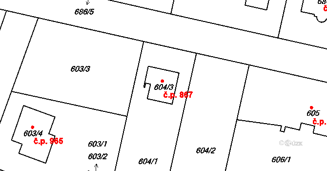 Kunratice 867, Praha na parcele st. 604/3 v KÚ Kunratice, Katastrální mapa