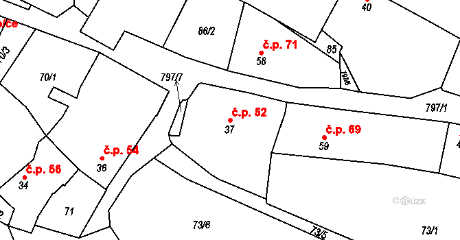 Krty-Hradec 52 na parcele st. 37 v KÚ Krty u Strakonic, Katastrální mapa