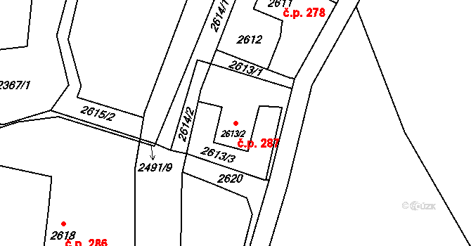 Dolní Suchá 287, Havířov na parcele st. 2613/2 v KÚ Dolní Suchá, Katastrální mapa