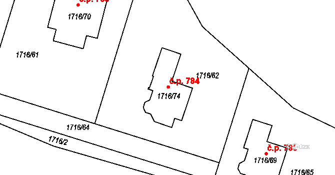 Miřetice u Klášterce nad Ohří 784, Klášterec nad Ohří na parcele st. 1716/74 v KÚ Miřetice u Klášterce nad Ohří, Katastrální mapa