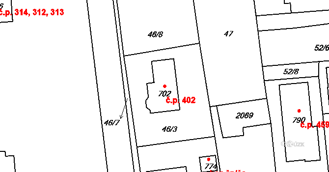 Louky 402, Zlín na parcele st. 702 v KÚ Louky nad Dřevnicí, Katastrální mapa