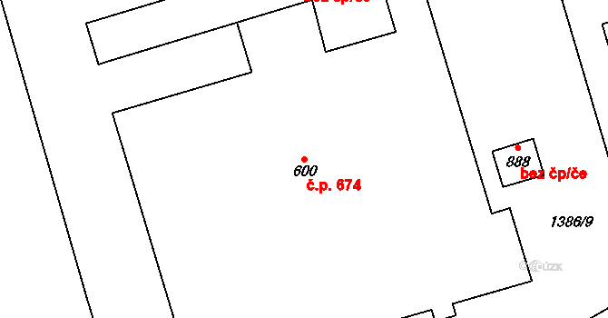 Prštné 674, Zlín na parcele st. 600 v KÚ Prštné, Katastrální mapa