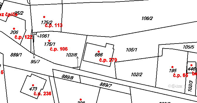 Ohrazenice 279 na parcele st. 666 v KÚ Ohrazenice u Turnova, Katastrální mapa