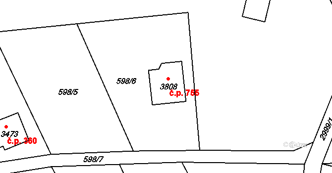 Ostravice 755 na parcele st. 3808 v KÚ Staré Hamry 2, Katastrální mapa