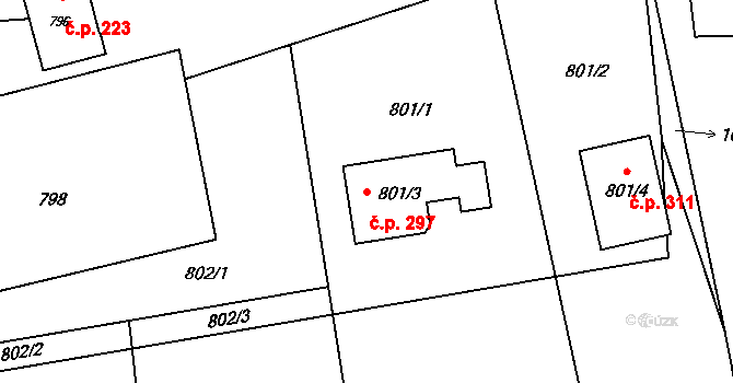 Hrachovec 297, Valašské Meziříčí na parcele st. 801/3 v KÚ Hrachovec, Katastrální mapa