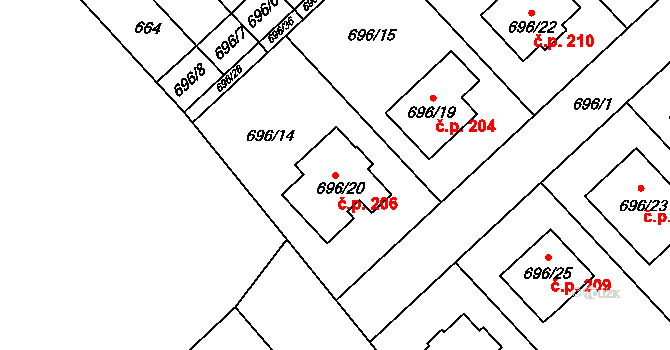 Bedihošť 206 na parcele st. 696/20 v KÚ Bedihošť, Katastrální mapa