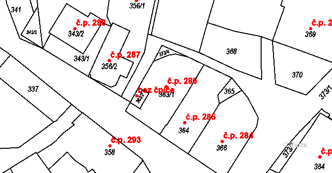 Bystřice nad Pernštejnem 286 na parcele st. 363/1 v KÚ Bystřice nad Pernštejnem, Katastrální mapa