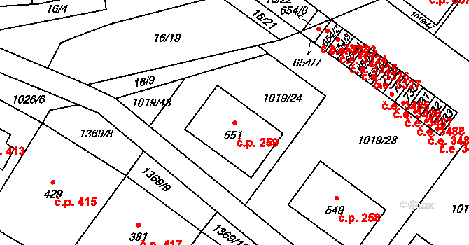 Kudlov 259, Zlín na parcele st. 551 v KÚ Kudlov, Katastrální mapa