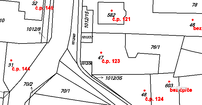Hrochův Týnec 123 na parcele st. 47 v KÚ Hrochův Týnec, Katastrální mapa