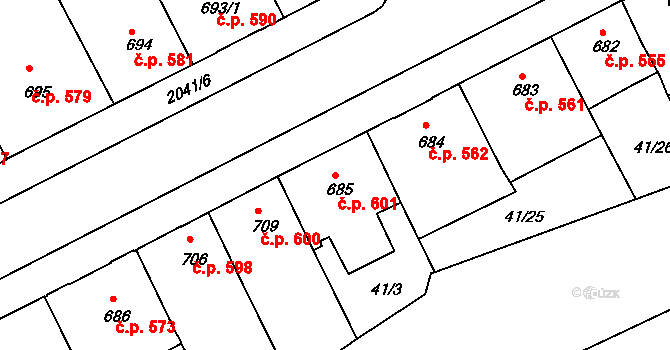 Slaný 601 na parcele st. 685 v KÚ Slaný, Katastrální mapa