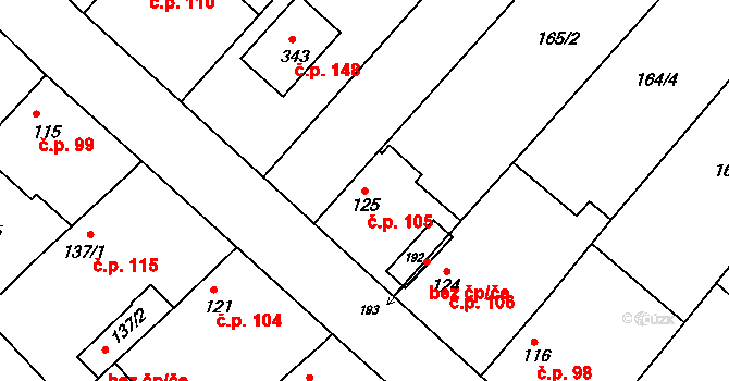 Konětopy 105 na parcele st. 125 v KÚ Konětopy, Katastrální mapa