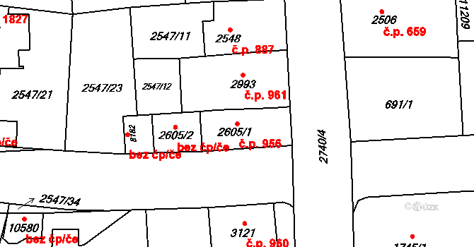 Bílé Předměstí 956, Pardubice na parcele st. 2605/1 v KÚ Pardubice, Katastrální mapa