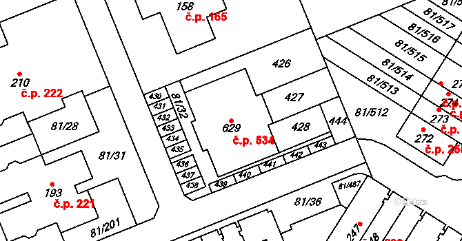 Nupaky 534 na parcele st. 629 v KÚ Nupaky, Katastrální mapa