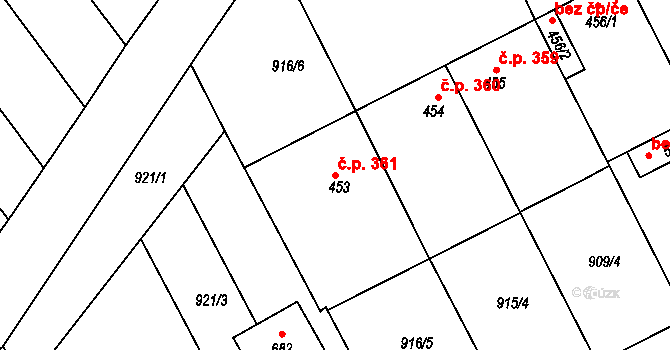 Křepice 361 na parcele st. 453 v KÚ Křepice u Hustopečí, Katastrální mapa