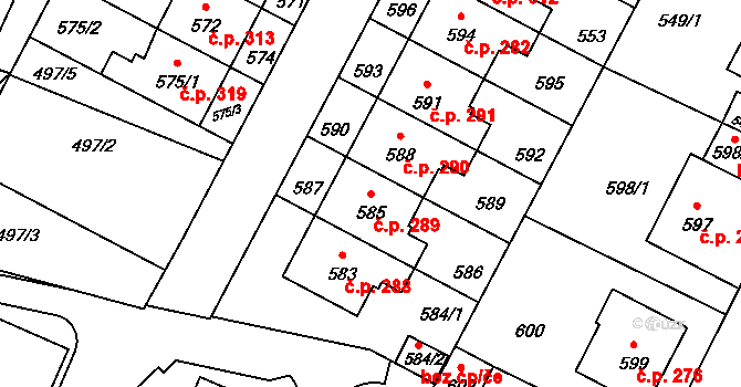 Rychlov 289, Bystřice pod Hostýnem na parcele st. 585 v KÚ Rychlov u Bystřice pod Hostýnem, Katastrální mapa