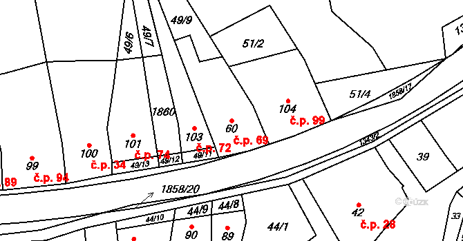 Jestřabice 69, Koryčany na parcele st. 60 v KÚ Jestřabice, Katastrální mapa