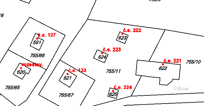 Rajnochovice 223 na parcele st. 624 v KÚ Rajnochovice, Katastrální mapa