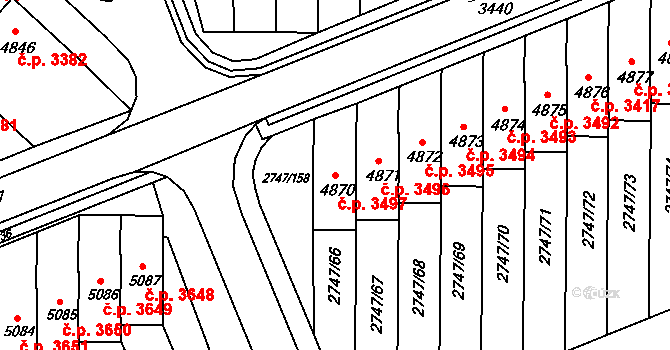 Kroměříž 3497 na parcele st. 4870 v KÚ Kroměříž, Katastrální mapa