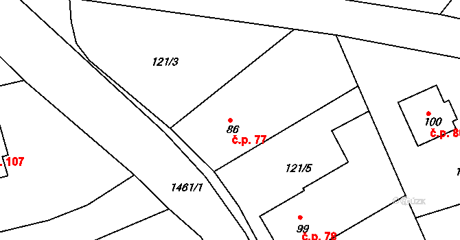 Hořehledy 77, Spálené Poříčí na parcele st. 86 v KÚ Hořehledy, Katastrální mapa