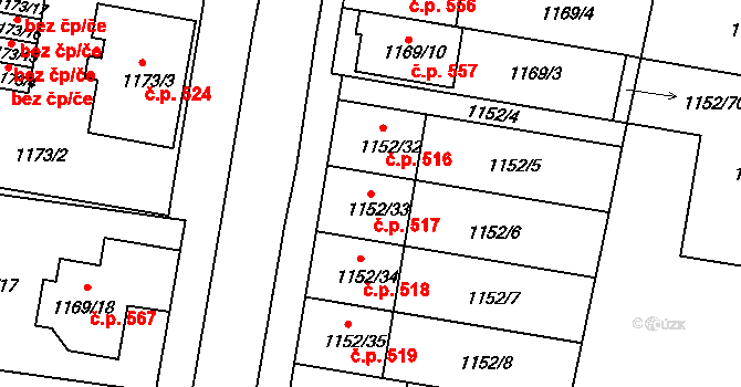 Plumlov 517 na parcele st. 1152/33 v KÚ Plumlov, Katastrální mapa