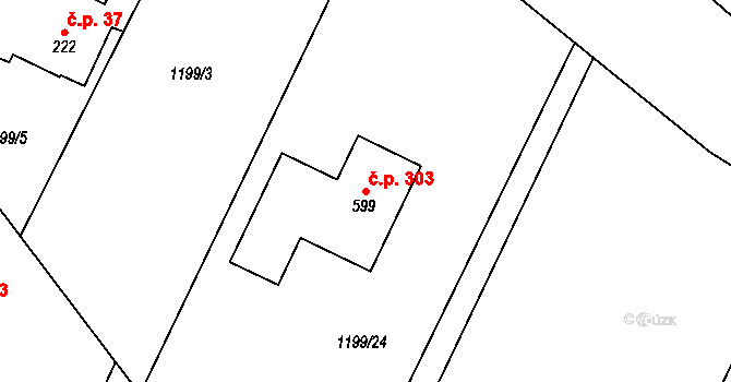 Guty 303, Třinec na parcele st. 599 v KÚ Guty, Katastrální mapa