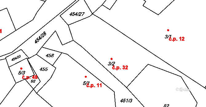 Čekanov 32, Úžice na parcele st. 3/2 v KÚ Čekanov, Katastrální mapa