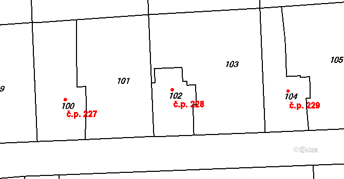 Zruč nad Sázavou 228 na parcele st. 102 v KÚ Zruč nad Sázavou, Katastrální mapa