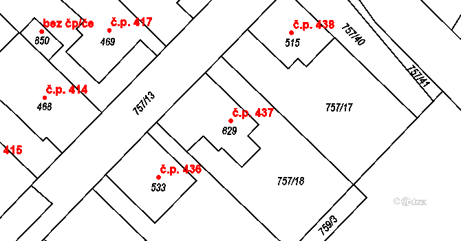 Dašice 437 na parcele st. 629 v KÚ Dašice, Katastrální mapa