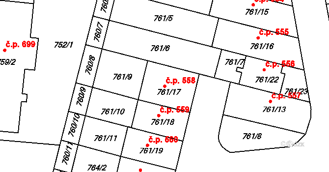 Hrušovany u Brna 558 na parcele st. 761/17 v KÚ Hrušovany u Brna, Katastrální mapa