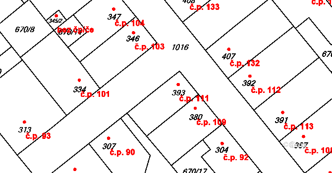 Pchery 111 na parcele st. 393 v KÚ Pchery, Katastrální mapa