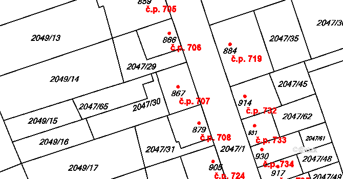 Polná 707 na parcele st. 867 v KÚ Polná, Katastrální mapa