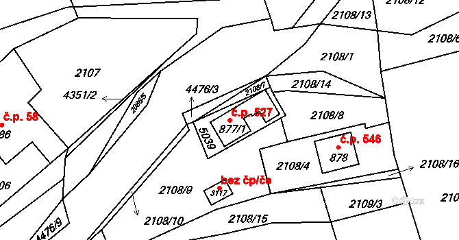 Ostravice 527 na parcele st. 877/1 v KÚ Ostravice 1, Katastrální mapa