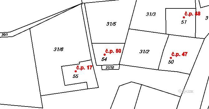 Čábuze 50, Vacov na parcele st. 54 v KÚ Čábuze, Katastrální mapa
