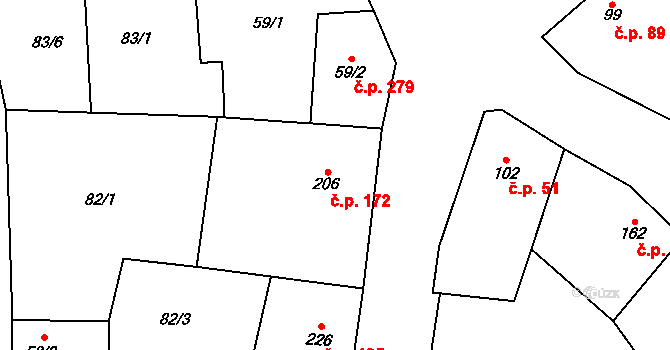 Dymokury 172 na parcele st. 206 v KÚ Dymokury, Katastrální mapa