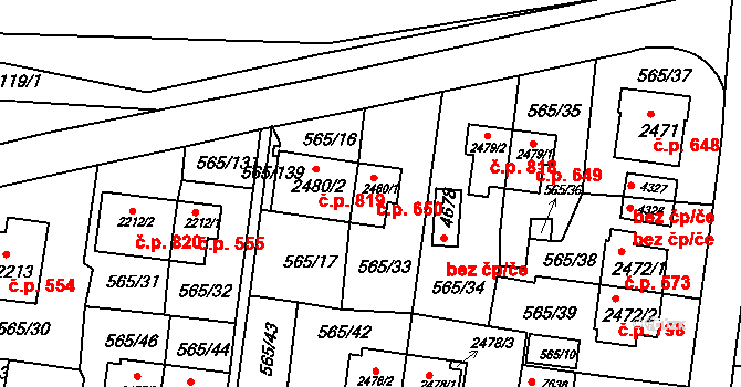 Borovina 650, Třebíč na parcele st. 2480/1 v KÚ Třebíč, Katastrální mapa