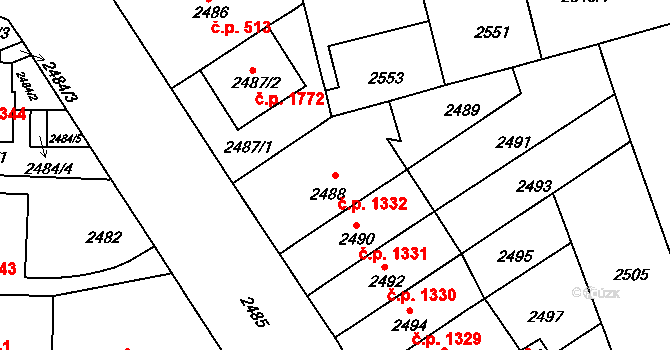 Černá Pole 1332, Brno na parcele st. 2488 v KÚ Černá Pole, Katastrální mapa