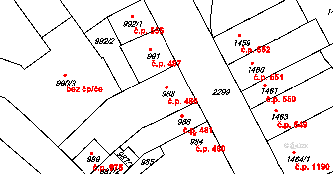 Trnovany 486, Teplice na parcele st. 988 v KÚ Teplice-Trnovany, Katastrální mapa